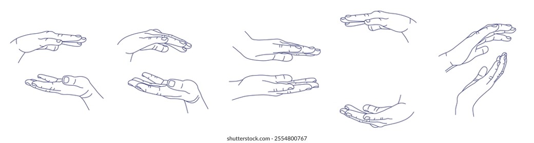 Set of hand gestures in various positions. Contour vector sketch illustration. Index, middle, ring, little fingers and thumb