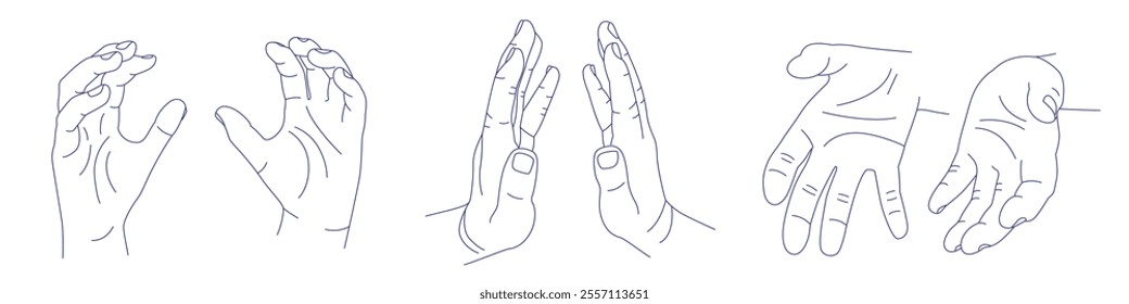 Set of hand gestures in various positions. Contour vector sketch illustration. Index, middle, ring, little fingers and thumb