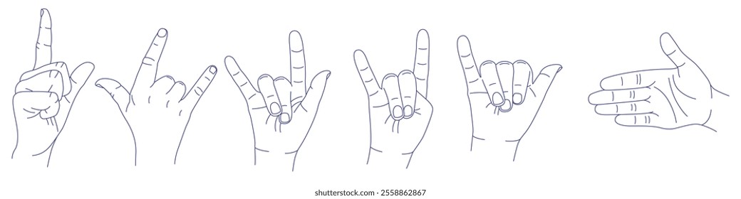 Set of hand gestures in various positions. Contour vector illustration. Index, middle, ring, little fingers and thumb