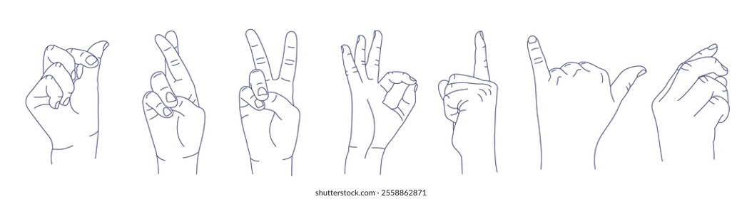 Set of hand gestures in various positions. Contour vector sketch illustration. Index, middle, ring, little fingers and thumb