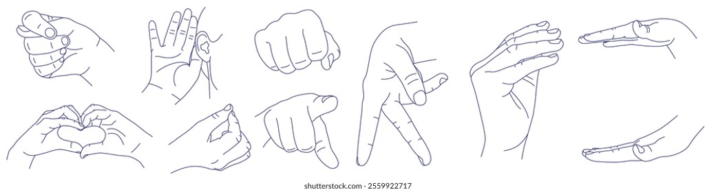 Set of hand gestures in various positions. Contour vector illustration. Fig, hearing, fist, heart and love. Sign language