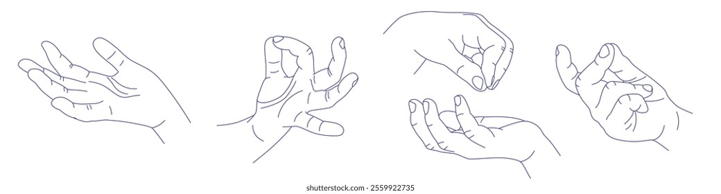 Set of hand gestures in various positions. Contour vector illustration. Index, middle, ring, little fingers and thumb