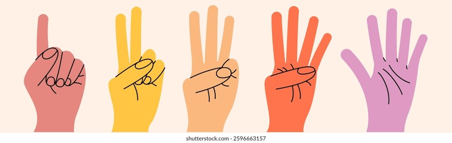 Set of hand gestures in various positions. Color trendy vector illustration. Index, middle, ring, little fingers and thumb