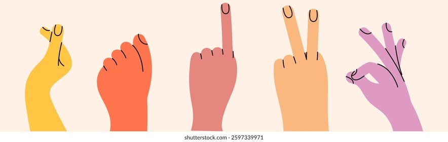 Set of hand gestures in various positions. Color trendy vector illustration. Index, middle, ring, little fingers and thumb