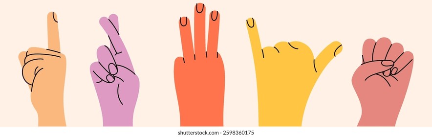 Set of hand gestures in various positions. Color trendy vector illustration. Index, middle, ring, little fingers and thumb