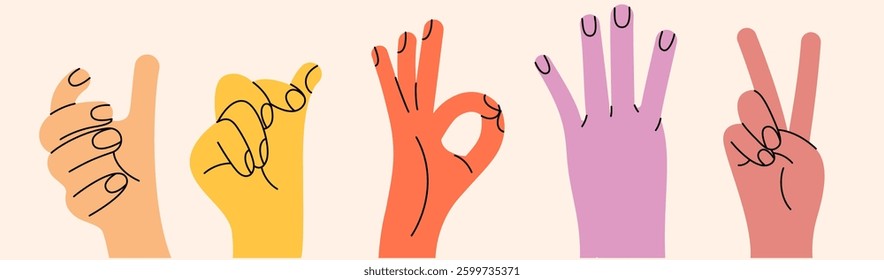 Set of hand gestures in various positions. Color trendy vector illustration. Index, middle, ring, little fingers and thumb