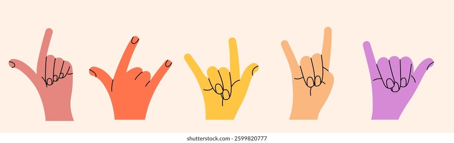 Set of hand gestures in various positions. Colorful trendy vector illustration. Index, middle, ring, little fingers and thumb