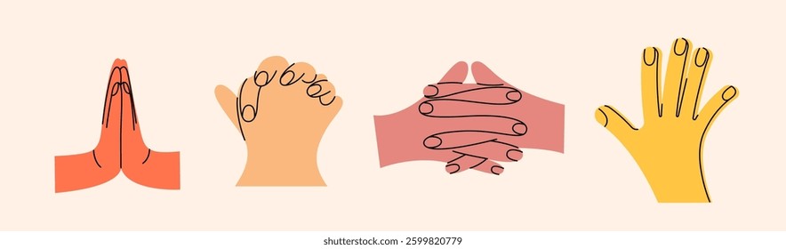 Set of hand gestures in various positions. Colorful trendy vector illustration. Index, middle, ring, little fingers and thumb
