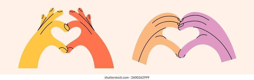 Set of hand gestures in various positions. Colorful trendy vector illustration. Index, middle, ring, little fingers and thumb