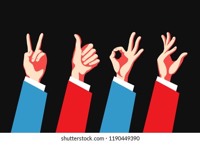 Set of hand gestures. Victory sign, ok sign, gesture of approval. Vector illustration