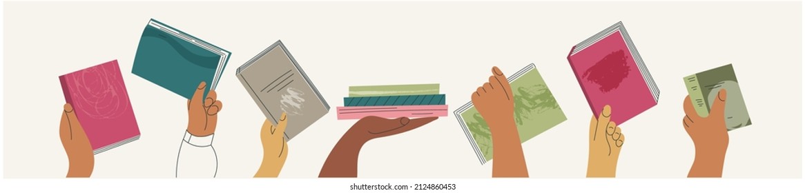 Set of hand giving book to exchange or sharing, bookcrossing isolated flat cartoon vector illustration. Student arm holding class textbook. Swap literature event, public library day, bookshop festival