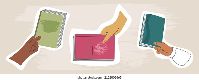 Set of hand giving book to exchange sharing, bookcrossing isolated flat cartoon vector illustration sticker. Student arm holding class textbook. Swap literature event, library day, bookshop festival