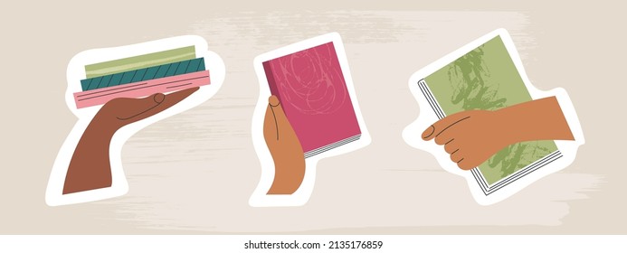 Set of hand giving book to exchange sharing, bookcrossing isolated flat cartoon vector illustration sticker. Student arm holding class textbook. Swap literature event, library day, bookshop festival