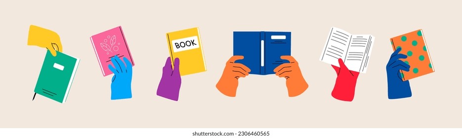 Set of hand giving book to exchange or sharing. ฺBookshop festival. Colorful vector illustration
