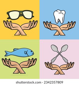 Set of hand with glasses, fish, knife and teeth vector illustration. People objects icon concept.