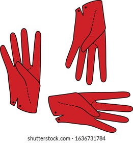 Set Hand in a glove with four extended fingers. Sign. Vector linear silhouette illustration.