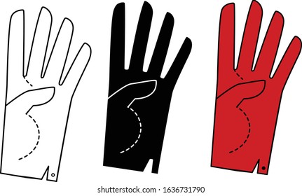 Set Hand in a glove with four extended fingers. Sign. Vector linear silhouette illustration.