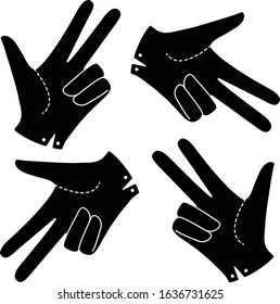 Set Hand in a glove with three extended fingers. Sign. Vector linear silhouette illustration.