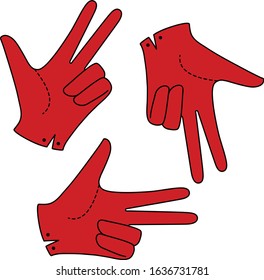 Set Hand in a glove with three extended fingers. Sign. Vector linear silhouette illustration.