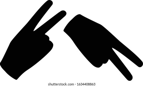 Set Hand in glove with two extended fingers. Sign. Vector linear silhouette illustration.