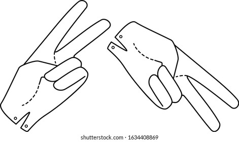 Set Hand in glove with two extended fingers. Sign. Vector linear illustration.