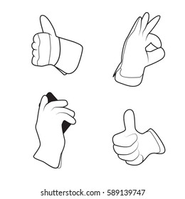 Set of hand in gloves with different gesturing. Isolated on white background