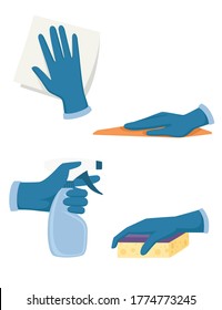 Set of hand in gloves use cleaning tools spray bottle foam rubber sponge and washcloth flat vector illustration isolated on white background