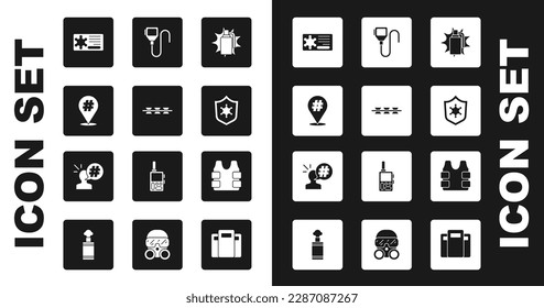 Set Handgranate, Stacheldraht, Protest, Polizeischild, Walkie Talkie, Bullet-dichte Weste und Ikone. Vektorgrafik