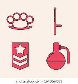Set Hand grenade , Brass knuckles , Police rubber baton  and Chevron  icon. Vector