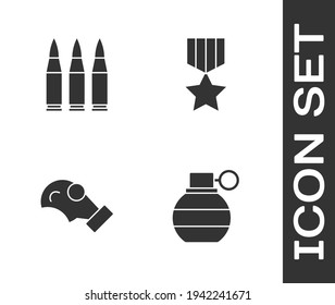 Fijar granada de mano, bala, máscara de gas e icono de medalla de recompensa militar. Vector
