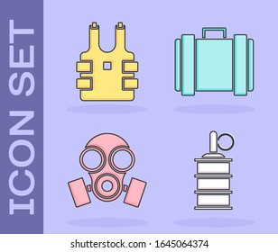 Fijar granada de mano , chaleco antibalas para protección contra balas , Máscara de gas y icono de caja de municiones militares. Vector