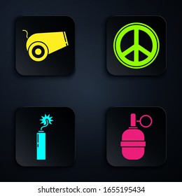 Set Hand grenade, Cannon, Dynamite bomb stick clock and Peace. Black square button. Vector