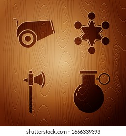 Set Hand grenade, Cannon, Medieval axe and Police badge on wooden background. Vector