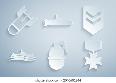 Set Hand grenade, Chevron, Submarine, Military reward medal,  and Aviation bomb icon. Vector