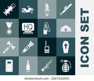 Set Hand grenade, Coffin with cross, Military medical tent, knife, headquarters, reward medal, Rocket and Cocktail molotov icon. Vector