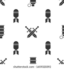 Handgranate, mittelalterliches Schwert und Luftbombe auf nahtloses Muster setzen. Vektorillustration