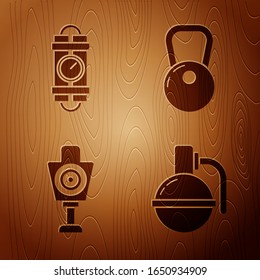 Set Hand grenade , Detonate dynamite bomb stick and timer clock, Human target sport for shooting  and Kettlebell  on wooden background. Vector