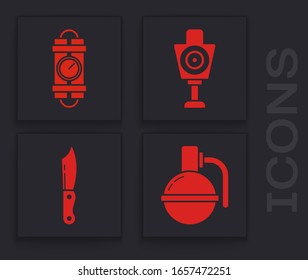 Fijar la granada de mano , Detonar la barra dinamita de la bomba y el reloj de temporizador, Deporte objetivo humano para disparar e ícono de cuchillo militar. Vector