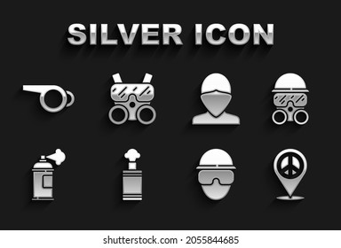 Set Hand grenade, Gas mask, Location peace, Special forces soldier, Paint spray can, Vandal, Whistle and  icon. Vector