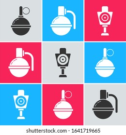 Set Hand grenade, Hand grenade and Human target sport for shooting  icon. Vector