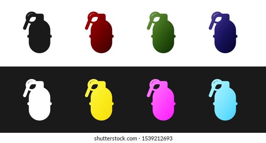Set Hand grenade icon isolated on black and white background. Bomb explosion.  Vector Illustration