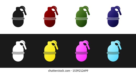 Set Hand grenade icon isolated on black and white background. Bomb explosion.  Vector Illustration