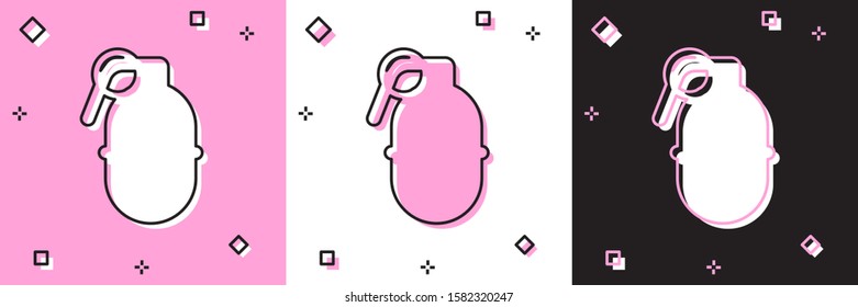 Set Hand grenade icon isolated on pink and white, black background. Bomb explosion.  Vector Illustration