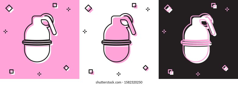 Set Hand grenade icon isolated on pink and white, black background. Bomb explosion.  Vector Illustration
