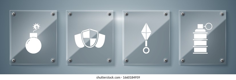 Fijar granada de mano, ninja shuriken japonés, Escudo y Bomba listos para explotar. Paneles de vidrio cuadrado. Vector