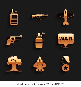 Set Hand grenade, Jet fighter, Military reward medal, The word, Nuclear explosion, Pistol gun, Plane and Walkie talkie icon. Vector