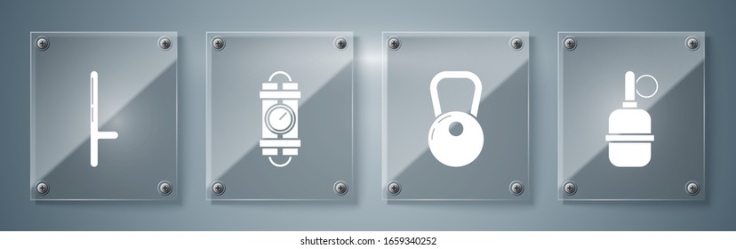 Set Hand grenade , Kettlebell , Detonate dynamite bomb stick and timer clock and Police rubber baton . Square glass panels. Vector