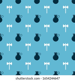 Set Hand grenade and Medieval axe on seamless pattern. Vector