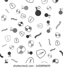 Set Hand grenade, Medieval shield with sword, Military knife and Shield on seamless pattern. Vector