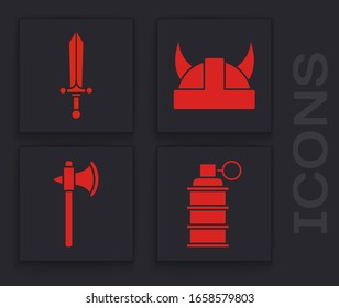 Fijar granada de mano, espada medieval, Viking en casco con cuernos e icono de hacha medieval. Vector
